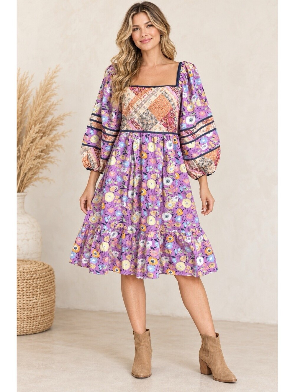 Easel Los Angeles Floral Patchwork Babydoll Dress Balloon Sleeve Large NWT